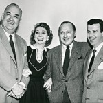 Cast members of the Jack Benny Show: Jack Benny, Dennis Day, Don Wilson and Mary Livingstone