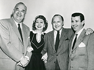 Cast members of the Jack Benny Show: Jack Benny, Dennis Day, Don Wilson and Mary Livingstone